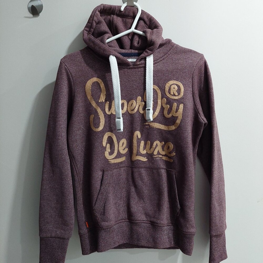 Superdry Women's Small De Luxe Hoodie In Burgundy Cotton Blend